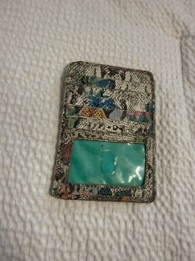 HOBO Metallic Silver Multicolor Card Wallet with Teal ID Window